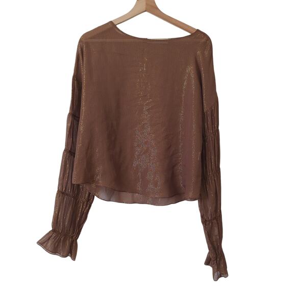 Amanda Uprichard Blouse Large Womens Top Sheer Long Sleeve Gold Metallic Silk - Picture 1 of 9